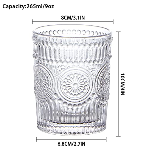 Image of MDLUU 6-Pack Embossed Drinking Glasses, Romantic Glassware, Vintage Glass Tumblers for Juice, Beverages, Cocktail, Capacity 9oz /265ml