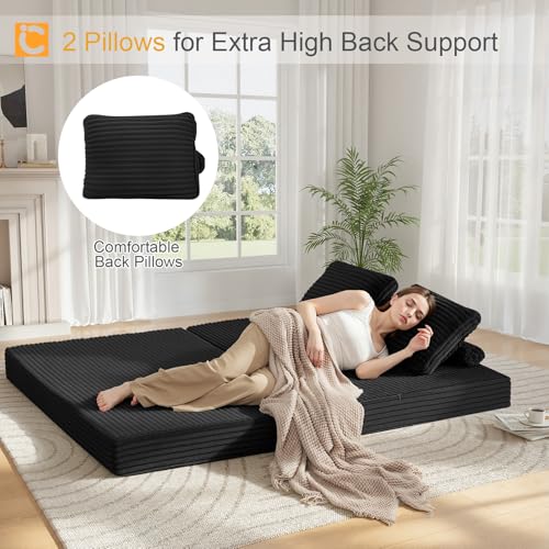Image of COMAX Convertible Sofa Bed, Folding Floor Couch Corduroy Fold Out Couch Bed Futon Sleeper Mattress with Pillows, Boneless Sofa Comfy Lounge Loveseat for Living Room Bedroom, Plush Black