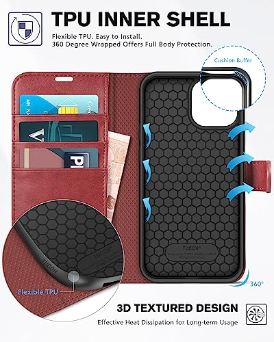 Tucch Case For Iphone 13 Pro Wallet Case, [Rfid Blocking] [Card Slot] Kickstand With [Shockproof Tpu Interior Case] Pu Leather Magnetic Flip Cover Compatible With Iphone 13 Pro 6.1-Inch 2021, Dark Red #TOP4