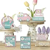 Uruney 6 Pcs Spring Tiered Tray Decor Set, Pink Blue Daisy Flower Wood Decorations, Floral Truck Watering Can Decorative Wooden Signs, Sunshine Daisies Farmhouse Rustic Shelf Table Home Decor