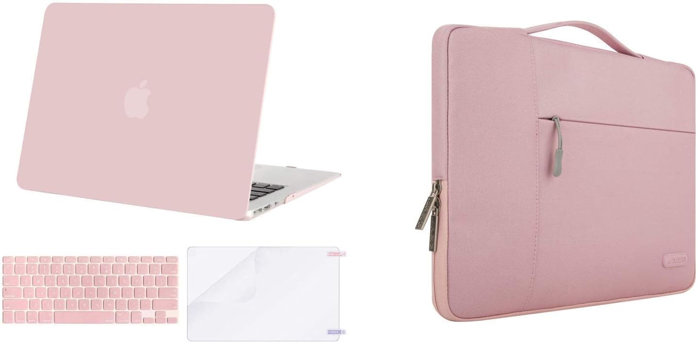 MOSISO Plastic Hard Shell Case & Multifunctional Sleeve Bag Compatible with MacBook Air 13 inch (Models: A1369 & A1466, Older Version 2010-2017 Release), Pink