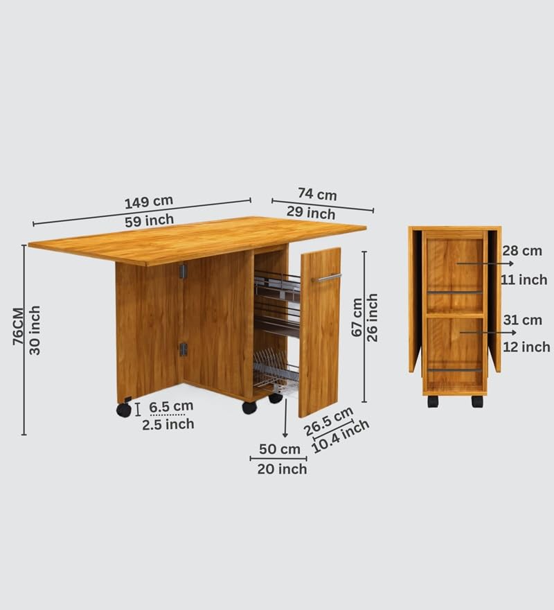 Image of SPECIALITY PANELS Folding Dining Table with 6 Wheels | Engineered Wood | Compact Design | Tables for Small Spaces | Termites Resistance | Kitchen Table in Cochwood Dark Finish