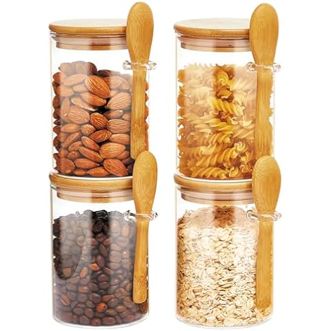 Spreccio Set of 4 Airtight Glass Jars with Bamboo Lids and Spoons, 22 OZ Glass Food Storage Jars Perfect for Coffee, Tea, Sugar, Spices, Beans, and More Cover