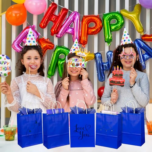 Image of BLEWINDZ 32Pcs Small Paper Gift Bags with Tissues, Royal Blue Party Favor Bags with Handles, 8.7 inch Goodie Bag for Birthday, Shopping, Party Supplies