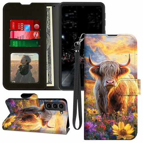 for Samsung Galaxy S21 FE 5G Case Wallet, Stand PU Leather Flip Folio Cover with Card Holder, Full-Body Protection Phone Case for Samsung S21 FE, Highland Cow