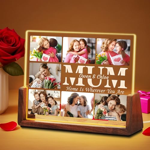 WMDIY Personalised Mothers Day Unique Gifts for Mum from Daughter Son Kids Customised Acrylic Plaque Night Light with Photo Custom LED Picture Frame Personalised Christmas Birthday Gifts for MAMA