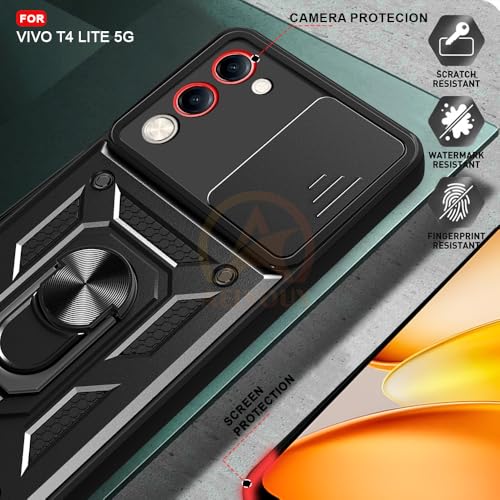 Image of Armor Bumper Back Cover Case for Vivo T4 Lite /iQOO Z10 Lite 5G Rotating Camera Cover, Ring Holder & Kickstand | Heavy Duty & 360 Degree Protection Back Cover (Black)