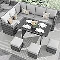 IDEALHOUSE 7 Pieces Outdoor Dining Set,Patio Sectional Sofa Conversation Set All Weather Wicker Rattan Couch Dining Table & Chair with Ottoman (Grey Rattan + Grey Cushions)