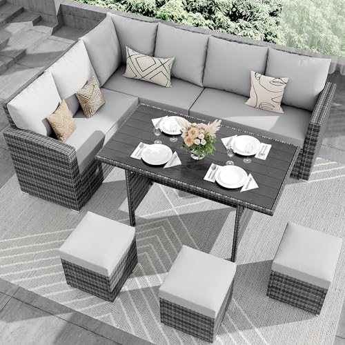 Outdoor Dining And Sofa Set: Ultimate Comfort for Stylish Patio Living 8 IDEALHOUSE 7 Pieces Outdoor Dining Set,Patio Sectional Sofa Conversation Set All Weather Wicker Rattan Couch Dining Table & Chair with Ottoman (Grey Rattan + Grey Cushions)