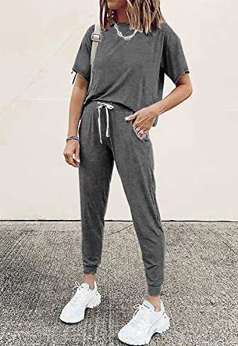 Image of PRETTYGARDEN Women Summer Two Piece Outfits Striped Short Sleeve Pullover and Long Pants Tracksuit Travel Pajama Lounge Set