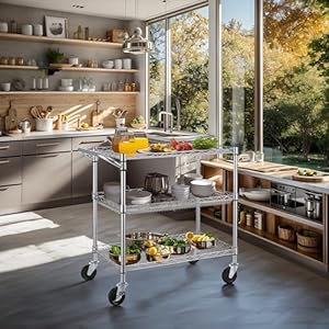 Finnhomy 3 Tier Heavy Duty Commercial Grade Utility Cart, Wire Rolling Cart with Handle Bar, Steel Service Cart with Wheels, Utility Shelf Plant Display Shelf Food Storage Trolley, NSF Listed Finnhomy 3 Tier Heavy Duty Commercial Grade Utility Cart Wire Rolling Cart with Handle Bar Steel Service Cart with Wheels Utility Shelf Plant Display Shelf Food Storage Trolley NSF Listed