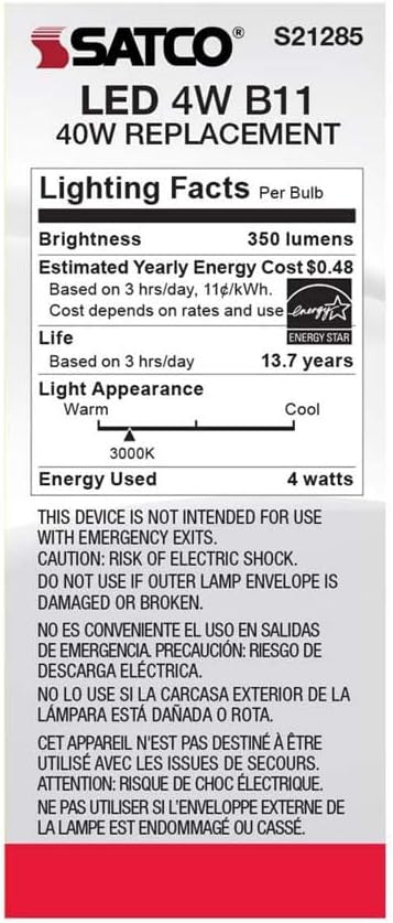 Satco S21285 4W LED B11 Light Bulbs, 3000K Soft White, Clear, Dimmable, 120V, E26 Medium Base - 6 Pack