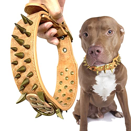 Kawagogo Spiked Dog Collar with Sharp Spikes,PU Leather, Protect The Dog s Neck from Bites,Fit Large Medium Dogs,Pitbull Rottweiler Doberman (Brown, S)