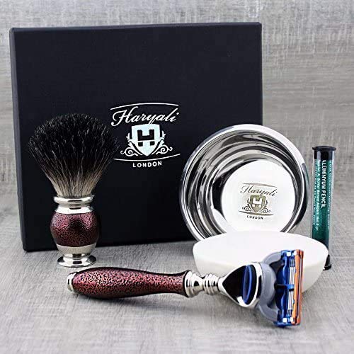 Vintage inspiriertes 4-teiliges Rasierset - Reine Dachshaarrasierpinsel 5-Kantenrasierer Edelstahl Rasierschale und Haryali London Premium-Seife