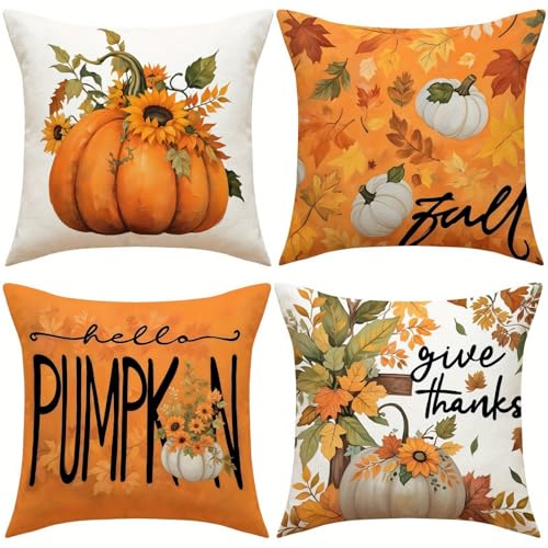 KOBERR New Fall Pumpkin Throw Pillow Cover Printed Throw Pillow Thanksgiving Atmosphere Decorative Sofa Cushion, Linen Pillow Cover for All Room Types - 18x18 Inch