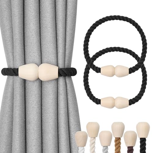 Pretty Jolly 2 Pack Wooden Magnetic Curtain Tiebacks Elegant Boho Home Decoration Drape Tie Backs Natural Cotton Handmade Rope Curtain Holdbacks for Home & Office Window Drapery (Black)