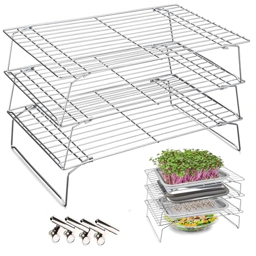 TCYPUHL Sprouts Growing Rack 3-Tier 14 inch Shelf, Metal Foldable Plant Stand for Sprouting Tray Indoor, Seed Starting Tray Plant Shelf, Silver Rack for Kitchen Table Top Space Saving