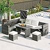 Outdoor Patio Furniture Sofa Set, 6-Piece All Weather PE Rattan Sectional Set with Adjustable Seat, Storage Box, Removable Covers and Tempered Glass Top Table Beige//Storage