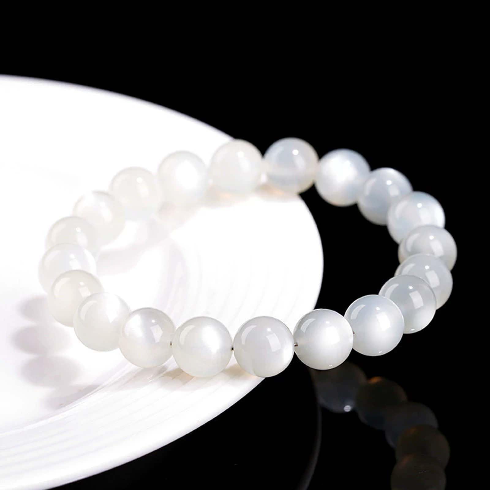 Elegante Pulsera de Cuentas Redondas de Piedra Lunar Blanca