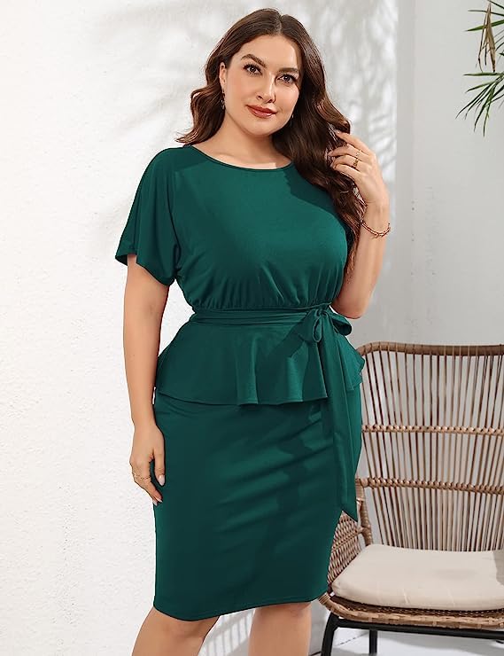 KOJOOIN Women Plus Size Bodycon Elegant Midi Dress Peplum Business Work Office Sheath Pencil Cocktail Party Dress with Belt White 2XL3