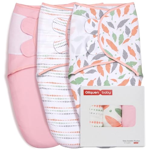Image of GLLQUEN BABY Swaddle Blankets for Baby Girls, Orange Pink Feather & Wave Point, 3 Pack Wrap Set, Newborn Adjustable Swaddles Sleep Sack, 0-3 Months (Small/Medium)