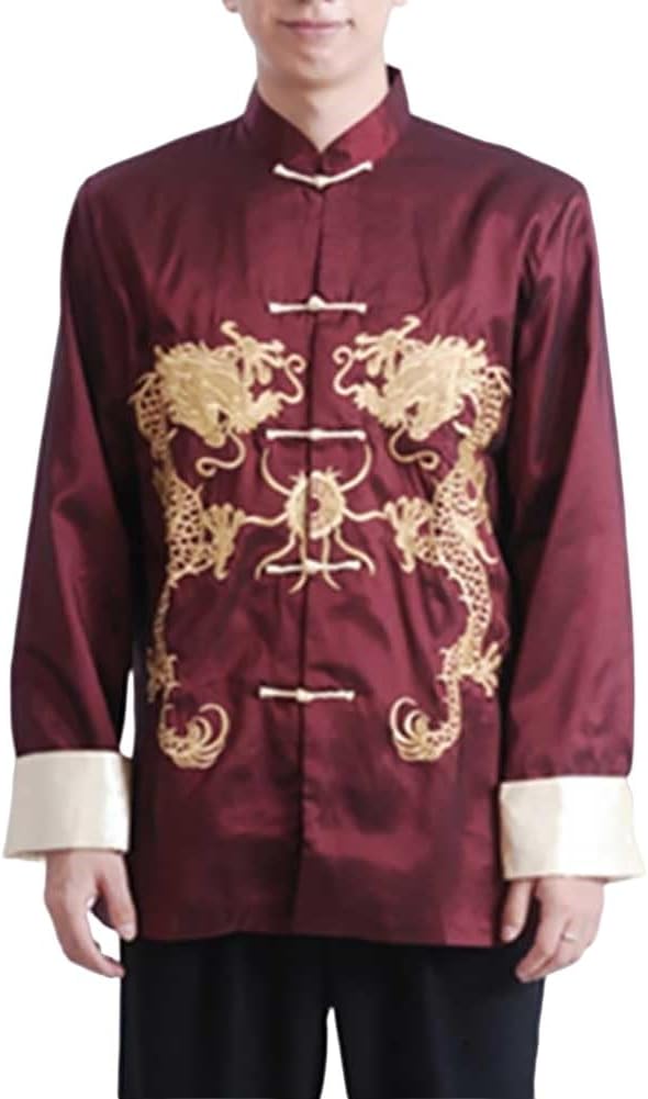 Chinese New Year Men Traditional Tang Jacket Kung Fu Wing Chun Uniform Wedding Party Long Sleeve Top Coat (49# Wine Red, XL)