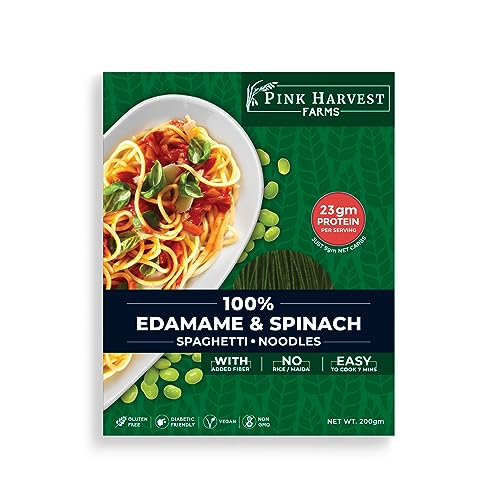 Image of Pink Harvest Farms Edamame & Spinach Spaghetti Noodles | No Rice - No Maida | Vegan | Gluten Free | High Protein | Keto | 3 x 200gm Pack