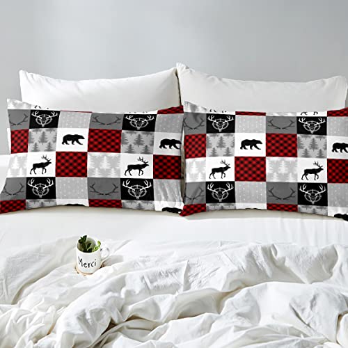 Plaid Deer Bear Fitted Sheet King Size,Wild Animal Arrow Hunting Antler Patchwork Microfiber Polyester Bed Shee Set For Man Adult,Rustic Red Buffalo Grid Bedding Set (1 Fitted,1 Flat,2 Pillows) #TOP4