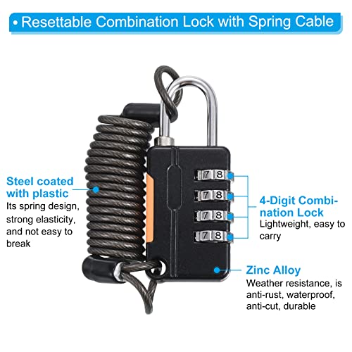 Image of PATIKIL 1 Pack 4 Digit Combination Lock, Helmet Padlock Cable Lock Gym Locker Lock with 3.28Ft Flexible Security Steel Lock Wire for Bike Locker Travel Luggage, Black
