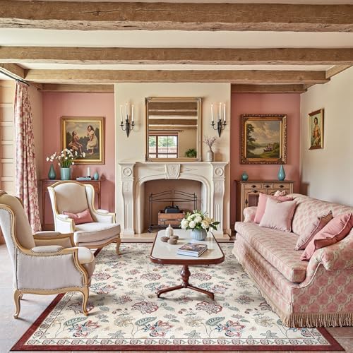 jinchan 8x10 Floral Rug for Living Room Washable Bedroom Rug Vintage Romance Design Non Slip Thin Indoor Floor Cover Large Low-Profile Throw Carpet for Dining Room Office, Red/Beige