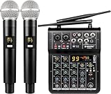 G-MARK Professional Audio Mixer, 4 Channel DJ Mixer with Dual Wireless Microphone, Sound Board MP3 Bluetooth Mixer 48V Phantom Power USB Interface for Karaoke Studio Recording PC Guitar