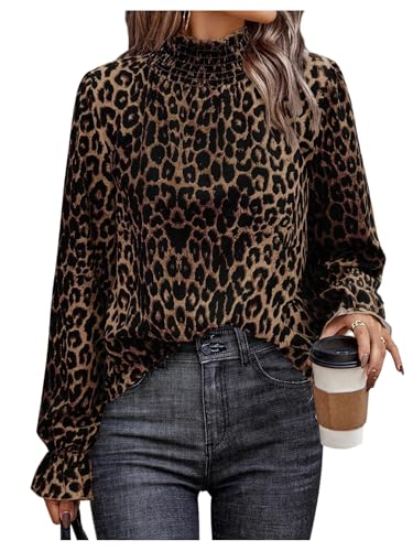 Image of GORGLITTER Women's Leopard Print Frilled Mock Neck Blouses Ruffle Long Sleeve Elegant Going Out Shirts Brown Medium