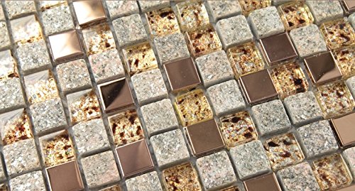 Hominter 5-Sheets Bathroom Wall And Floor Tile, Gray Stone And Glass Tile Backsplash, Rose Gold Stainless Steel Tiles, Metallic Mosaic Tile With Crystals Ox022 #TOP1