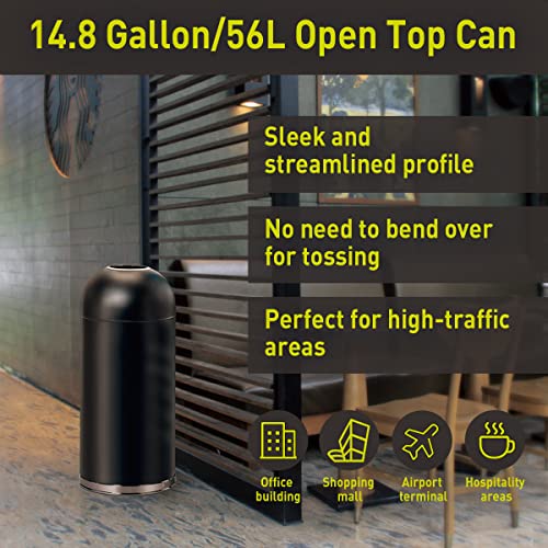Eko Black Steel 56L Round Open Top Eternal Commercial Trash Bin #TOP4