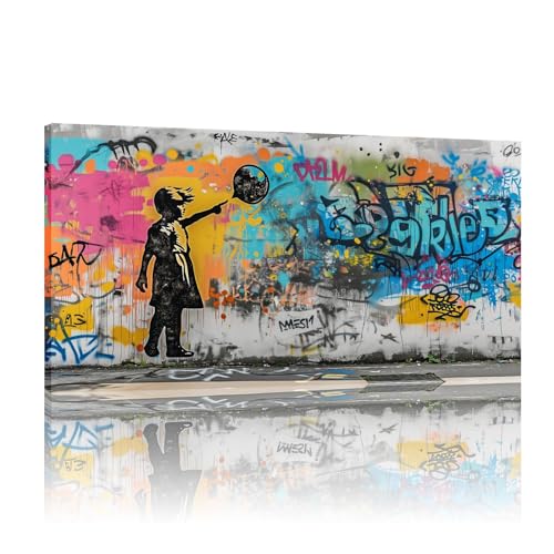 Toile Banksy graffiti pour raviver un mur blanc avec un grand cadre intérieur coloré