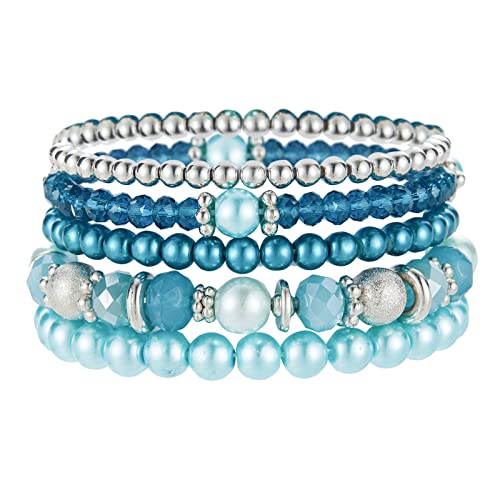 Noessla Beaded Pearl Stretch Bracelet Silver Stackable Crystal Beads Bracelets Trendy Costume Jewelry Mothers Day Gifts For Women(Turquoise) #TOP22