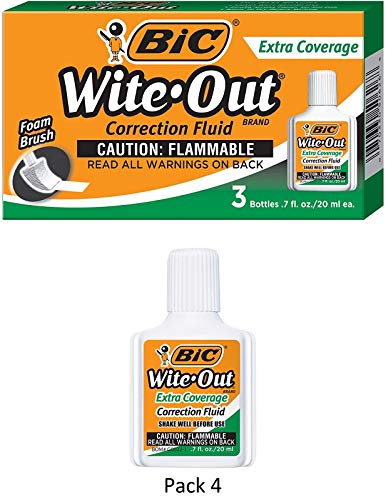 BIC Wite-Out Brand Extra Coverage Correction Fluid, 20 ml, White, 3-Count, 4 Pack