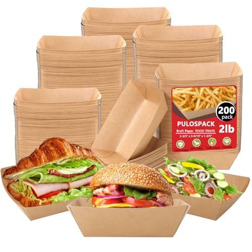 PULOSPACK 2lb Paper Food Boats, Kraft Paper Food Nacho Trays Disposable Take Out Food Serving Boats for Snack French Fries Tacos Hot Dog BBQ Popcorn Festivals Party Picnic Wedding (200)