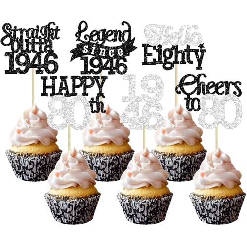 Gyufise 24Pcs Happy 80th Birthday Cupcake Toppers Hello Eighty Legend Since 1946 Cupcake Picks Cheers to 80 Years Cake Decorations for 80th Birthday Anniversary Party Supplies Black Silver
