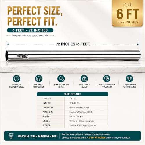 Image of Herrlich Homes Stainless Steel Curtain Rod | Silver & Chrome Finish | Anti-Rust | Sturdy & Durable | Multipurpose | SS Pipes for Door, Window, Shower, Home and Office | 72 Inches | 6 feet, 3 Pipes