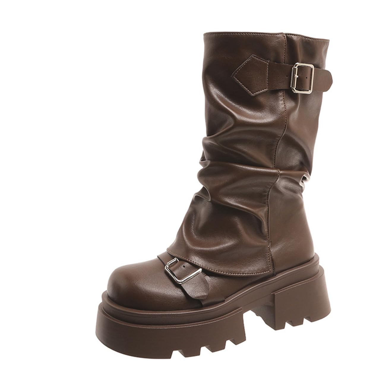 Womens Platform Fold Over Boots Square Toe Mid Calf Motorcycle Boots with Buckle Strap Fall Winter