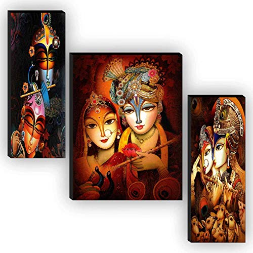 paintings Set of 3 Radha Krishna UV Textured Home Decor Self Adhesive Painting 18 Inch X 12 Inch (Multicolor)