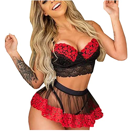 Lingerie Set for Women Sexy Halter Bra, Mini Skirt with G-String Mesh Lace Babydoll Bralette Panty Lingerie Set Red