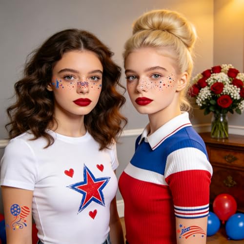 Image of 28PCS 4th of July Face Tattoos, Red White Blue Glitter Freckles Stars Stripes USA Flag Temporary Tattoos, Patriotic Face Stickers for Women Kids, Independence Day Party Makeup Accessories