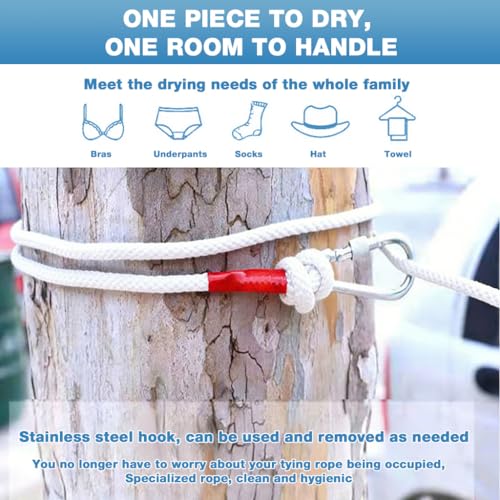 Image of HASTHIP 10m Clothes Drying Rope - Heavy Duty Polyester Cloth Rope for Drying Clothes with Hook 10mm Steel Core Clotheslines Wire Cloth Dry Ropes Wire, White