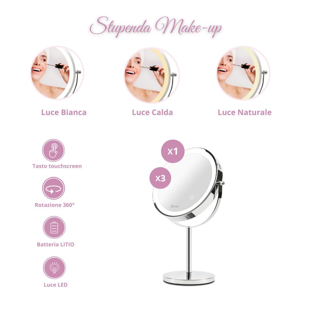 Girmi BE02 Specchio per Trucco con Luce LED, Lente di ingrandimento 1x/3X, Illuminazione a 3 colori, Ricaricabile con Doppio specchio, Rotazione a 360° e Tasto Touchscreen, Cromato