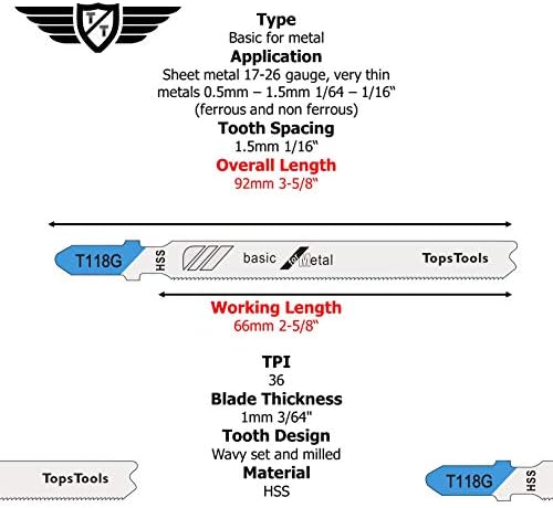 15 x TopsTools T118G Metal Cutting Jigsaw Blades Compatible with Bosch, Dewalt, Makita, Milwaukee and many more