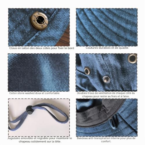 TOSKATOK® UPF 50+ Chapeau de Brousse Unisexe en Coton de Style Australien Safari Outback avec Large Bord, mentonnière Amovible, Boutons-Pression latéraux et aérations-DENIM-60 – vue 3