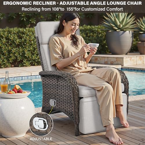 Belord Versatile Outdoor Recliner Chair - Reclining Patio Chair with Adjustable Backrest and Footrest, All-Weather Wicker Chaise Lounge Chair Outdoor for Pool Deck Brown