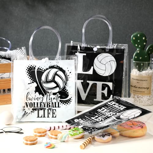 Image of Teenyyou 24 Pcs Volleyball Clear Gift Bags with Handles Volleyball Goodie Bags Sport Theme Party Favor for Team Snack Birthday Gifts